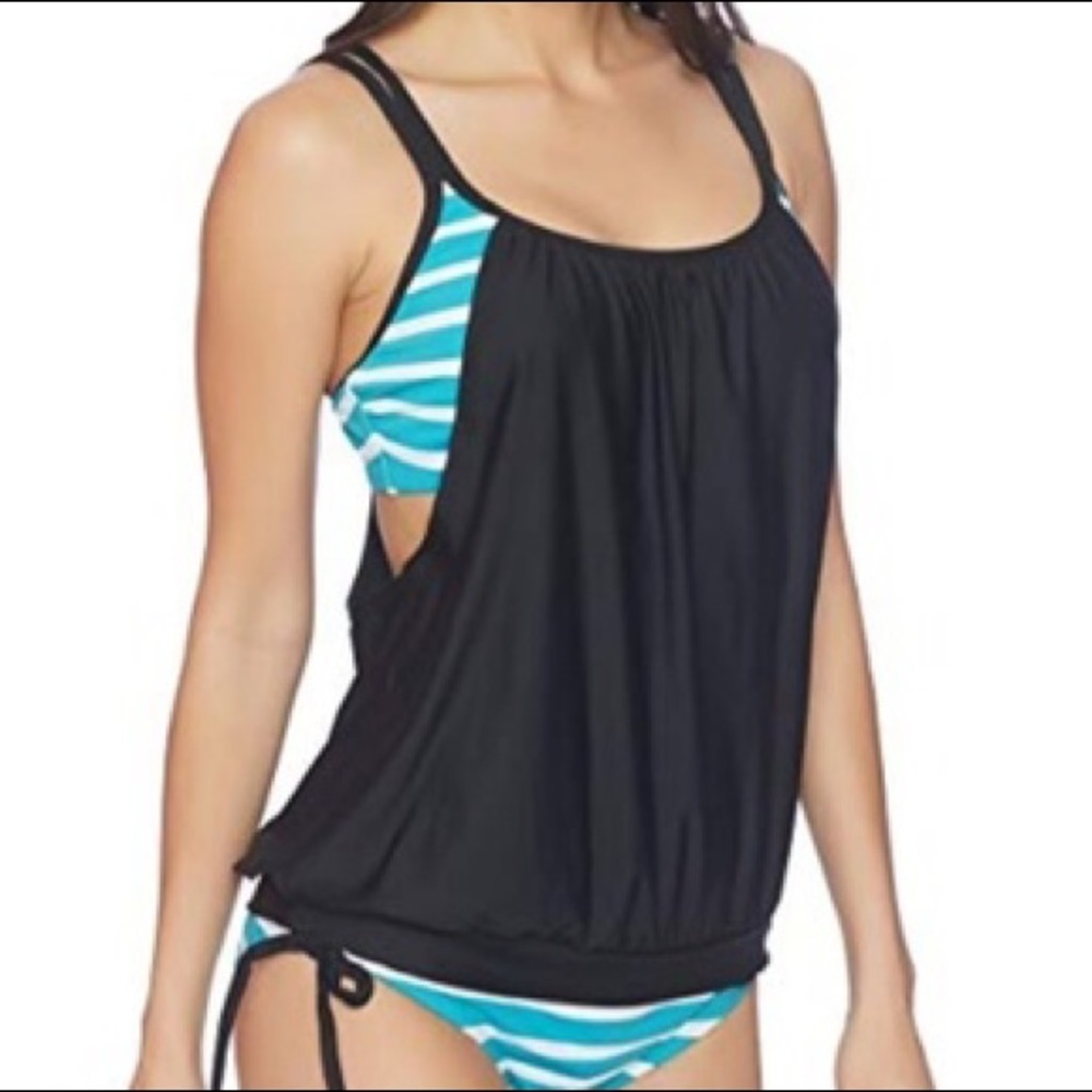Next by Athena Striped Bandeau Tankini Swim Top Black Teal 32D